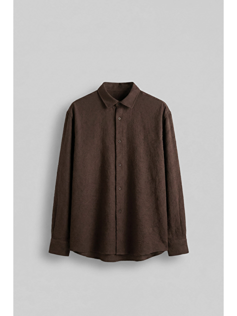 Abluka Online Erkek Oversize Jakarlı Desenli Uzun Kollu Gömlek Kahverengi - S000521903-19413