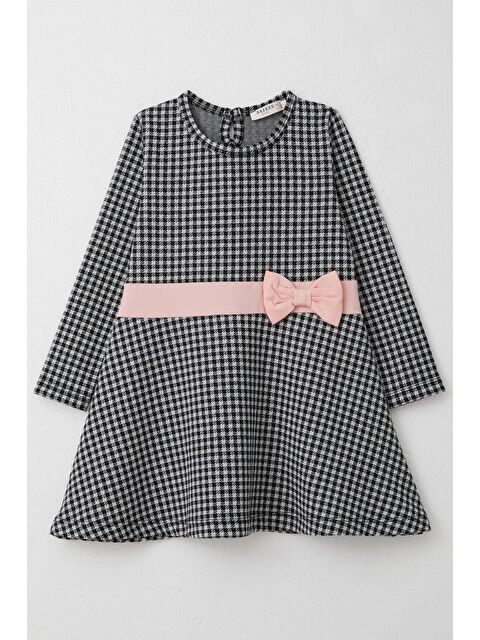 Breeze Kız Çocuk Uzun Kollu Elbise Kaz Ayağı Desenli Fiyonklu Siyah (3-6 Yaş) - S000294562-19351