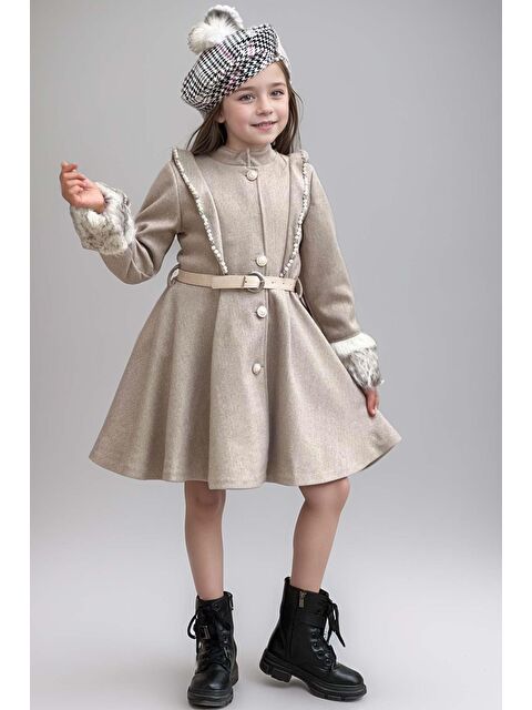 Riccotarz Kız Çocuk Kazayağı Desen Elbise Kolları Pelüş ve Omuzları İnci İşleme Kemerli Fildişi Kaşe Kaban - S000303599-19928