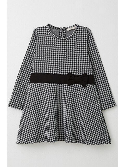 Breeze Kız Çocuk Uzun Kollu Elbise Kaz Ayağı Desenli Fiyonklu Siyah (3-8 Yaş) - S000294563-19351