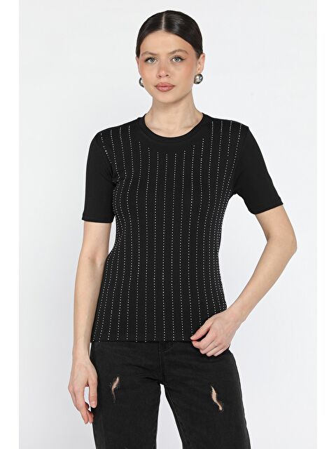 Gülseli Kadın Bisiklet Yaka Taş İşlemeli Elastanlı Bluz - S000379983-19351