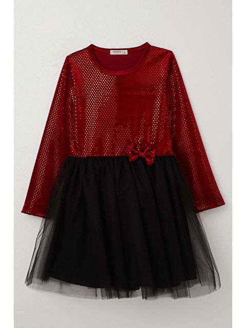 Breeze Kız Çocuk Uzun Kollu Elbise Kadife Pullu Kırmızı (5-6 Yaş) - S000294528-20045