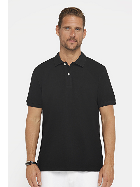 TUDORS Erkek Regular Fit Klasik Kesim %100 Pamuk Düz Pike Siyah Polo Yaka Tişört - S000519606-19351