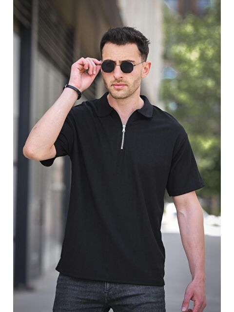Oksit Lond Polo Yaka Jakar Kumaş Yarım Fermuarlı Erkek Tshirt - S000391728-19351