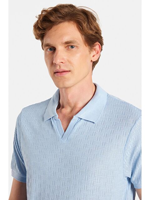 TUDORS Erkek Slim Fit Dar Kesim Viskon Kumaş Desenli Düz Pike Düğmesiz Açık Mavi Polo Yaka Tişört - S000519614-17437