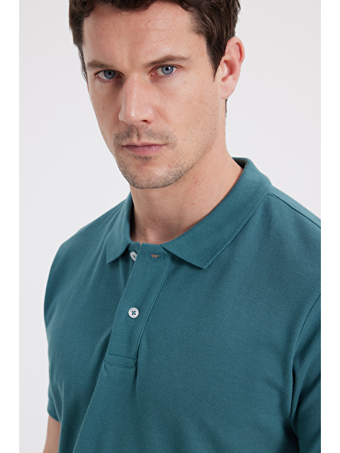 TUDORS Erkek Slim Fit Dar Kesim %100 Pamuk Yeşil Polo Yaka Tişört - S000519616-18194