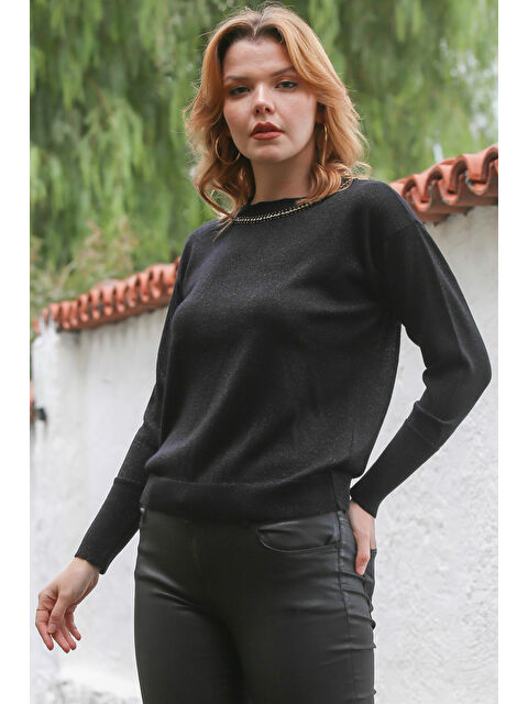 Chiccy Siyah Yuvarlak Yaka Uzun Kol İnce Taşlı Simli Triko Kazak 65 62 - S000468964-19351