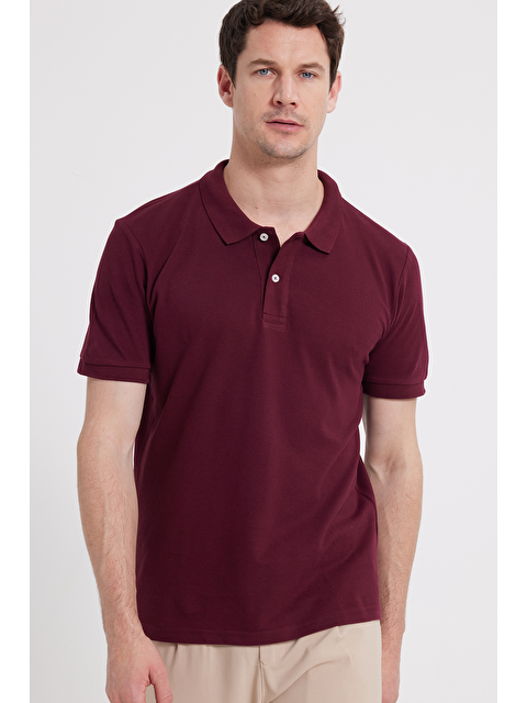 TUDORS Erkek Slim Fit Dar Kesim %100 Pamuk Bordo Polo Yaka Tişört - S000519618-19951