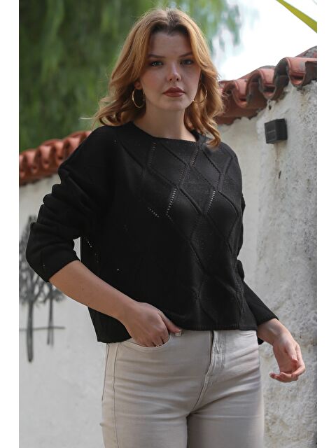 Chiccy Siyah Yuvarlak Yaka Uzun Kol Baklava Desenli Ajur Örgü Triko Kazak 55 62 - S000468969-19351