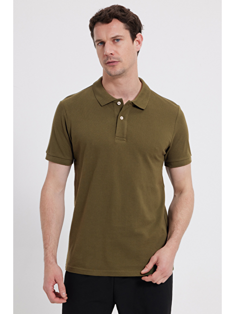 TUDORS Erkek Slim Fit Dar Kesim %100 Pamuk Haki Polo Yaka Tişört - S000519619-18547