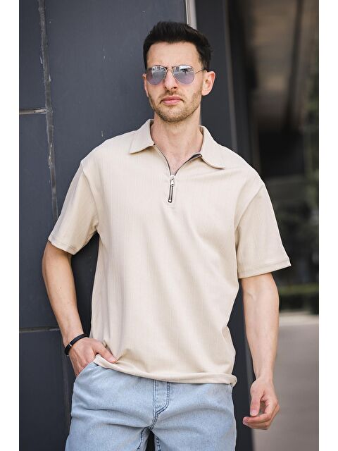 Oksit Lond Polo Yaka Jakar Kumaş Yarım Fermuarlı Erkek Tshirt - S000391728-19966