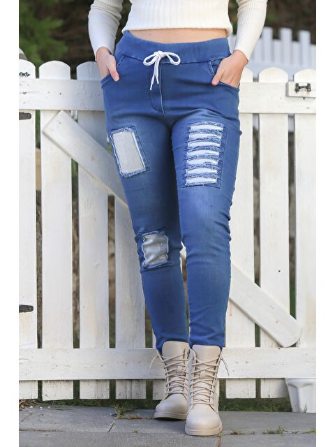 Chiccy Jean Mavisi Cepli Pul Payet Detaylı Yıkamalı Aplikeli Lastikli Bel Denim Pantolon 105 60 - S000468986-17234