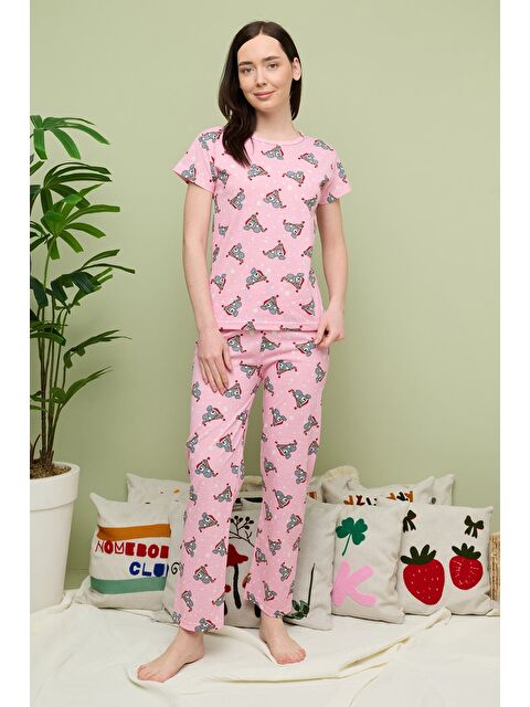 Fullamoda Kalp Desenli Bisiklet Yaka Kısa Kollu Pijama Takımı