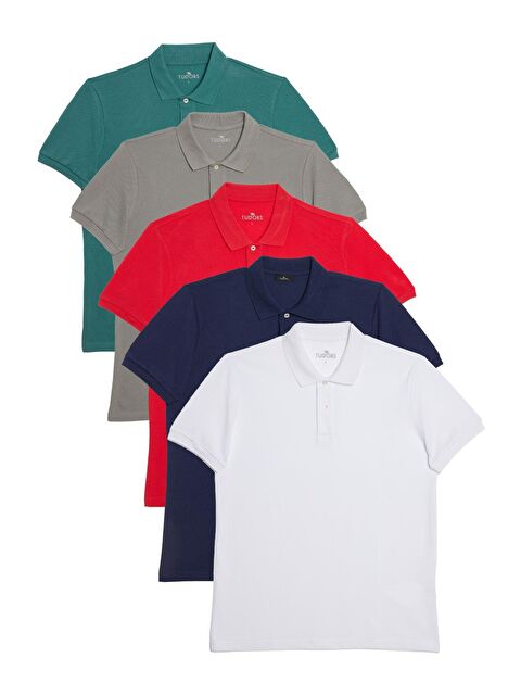 TUDORS Erkek Slim Fit %100 Pamuk Yumuşak Doku 5'Li Lacivert-Beyaz-Kırmızı-Taş-Mavi Düz Polo Yaka Tişört - S000519625-23173