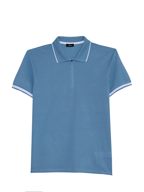 TUDORS Erkek Slim Fit Dar Kesim %100 Pamuk Jakarlı Düz Yaka Ve Kol Detaylı Mavi Polo Yaka Tişört - S000531984-17234
