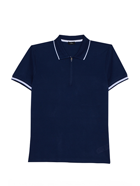 TUDORS Erkek Slim Fit Dar Kesim %100 Pamuk Jakarlı Düz Yaka Ve Kol Detaylı Lacivert Polo Yaka Tişört - S000531983-21164