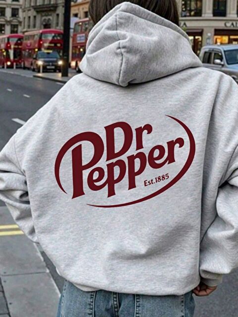 Trendseninle Unisex Erkek Kadın Dr Pepper Özel Baskı Pamuklu Oversize Kapüşonlu Sweatshirt Gri - S000480572-20600