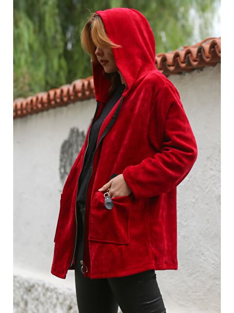 Chiccy İtalyan Kırmızı Kapüşonlu Uzun Kol Fermuarlı Cepli Casual Kadife Dokuma 80 75 - S000468984-20045