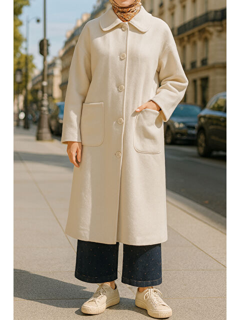 Remsa Önü Düğme ve Cep Detay Uzun Kap Ceket 15220 Ekru - S000480573-19965