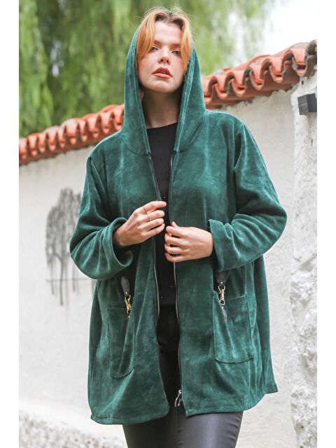 Chiccy İtalyan Yeşil Kapüşonlu Uzun Kol Fermuarlı Cepli Casual Kadife Dokuma Ceket 80 75 - S000468984-18194