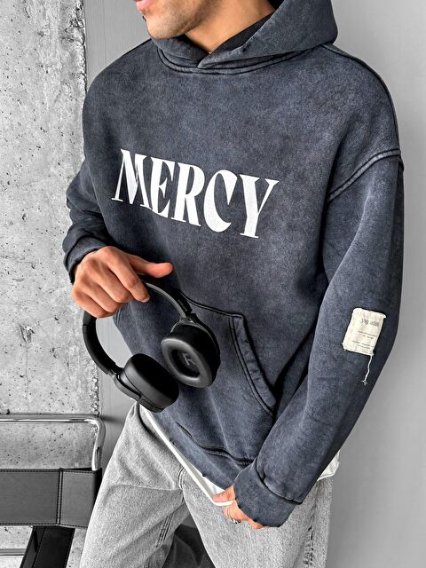 Abluka Online Oversize Baskılı Kapüşonlu Pamuklu Erkek Hoodie Siyah - S000272287-19351