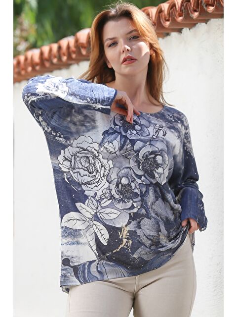 Chiccy İtalyan Mavi Havuz Yaka Uzun Kol Dijital Baskılı Casual Angora Triko Bluz 75 65 - S000468990-17234