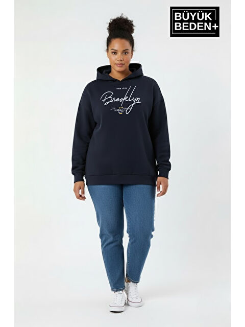 Süperlife Kadın Büyük Beden Kapüşonlu El yazılı Brooklyn Baskılı Rahat Kalıp Sweatshirt SPR26BSWK958 - S000480576-21164