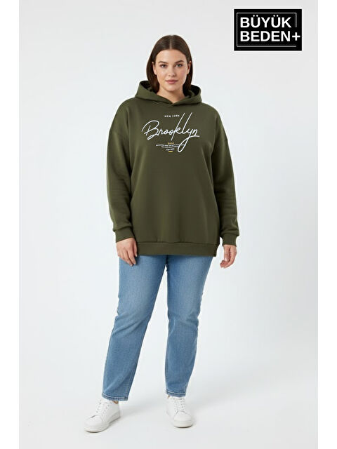 Süperlife Kadın Büyük Beden Kapüşonlu El yazılı Brooklyn Baskılı Rahat Kalıp Sweatshirt SPR26BSWK958 - S000480576-18547