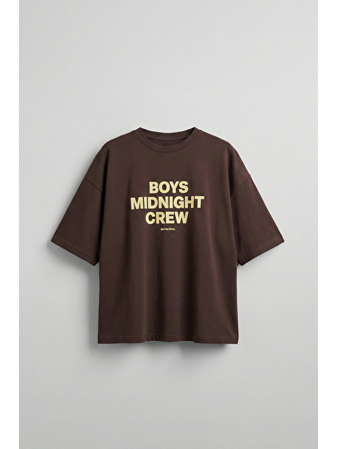 Abluka Online Erkek Boxy Fit Bisiklet Yaka Yazı Baskılı T-Shirt Kahverengi - S000521905-19413