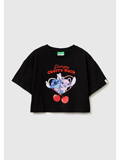 United Colors Of Benetton Kız Çocuk Siyah Su Bazlı Baskılı İşlemeli Kolu Logo Detaylı Boxy Fit T-Shirt