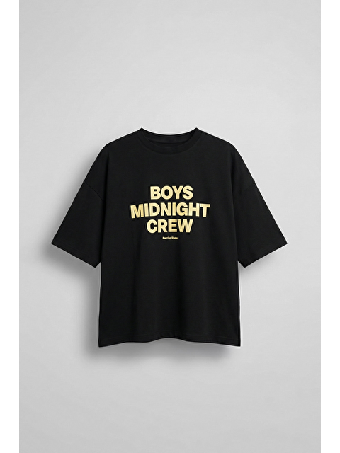 Abluka Online Erkek Boxy Fit Bisiklet Yaka Yazı Baskılı T-Shirt Siyah - S000521905-19351