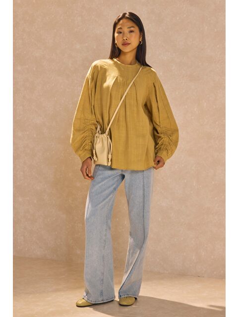 HE-QA Kol Büzgülü Pamuk Keten Tunik Açık Camel