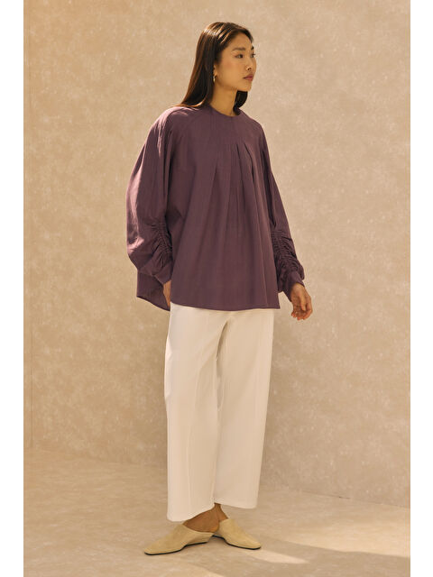 HE-QA Kol Büzgülü Pamuk Keten Tunik Retro Violet