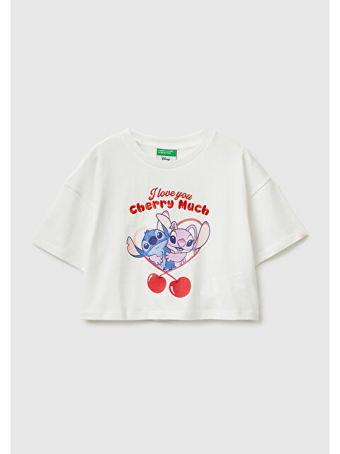 United Colors Of Benetton Kız Çocuk Beyaz Su Bazlı Baskılı İşlemeli Kolu Logo Detaylı Boxy Fit T-Shirt