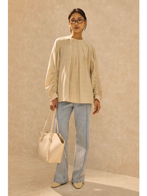 HE-QA Kol Büzgülü Pamuk Keten Tunik Sedef