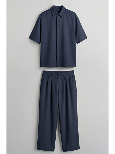 Abluka Online Erkek Oversize Nefes Alan Gömlek Pantolon İkili Takım Lacivert - S000521907-21164