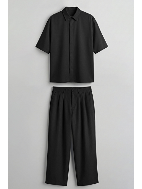 Abluka Online Erkek Oversize Nefes Alan Gömlek Pantolon İkili Takım Siyah - S000521907-19351