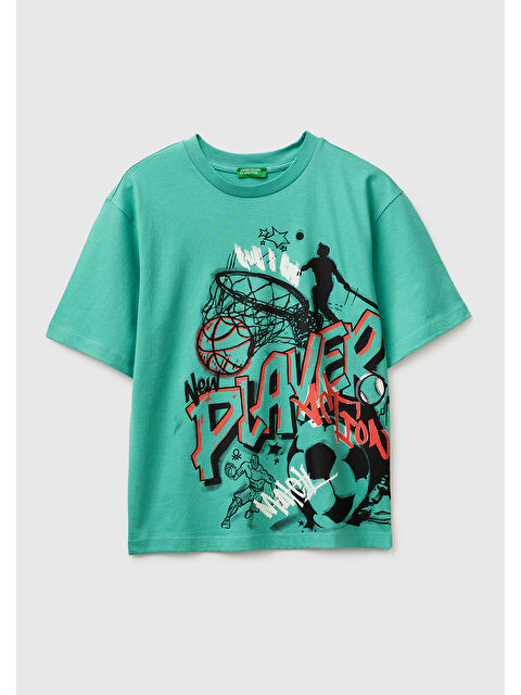 United Colors Of Benetton Erkek Çocuk Mavi-yeşil Baskılı Bisiklet Yaka Kısa Kollu T-Shirt