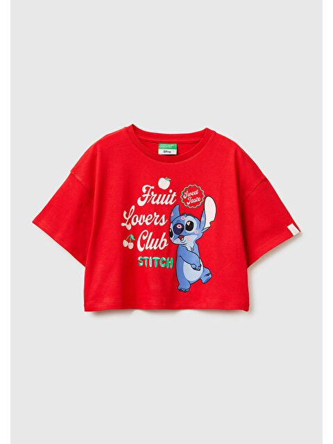 United Colors Of Benetton Kız Çocuk Kırmızı Su Bazlı Baskılı İşlemeli Kolu Logo Detaylı Boxy Fit T-Shirt