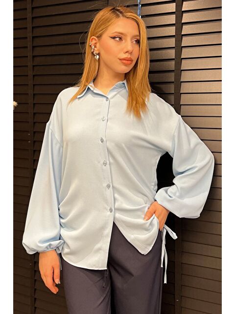 Gülseli Yan Büzgülü Bağcıklı Kadın Gömlek - S000379902-17234