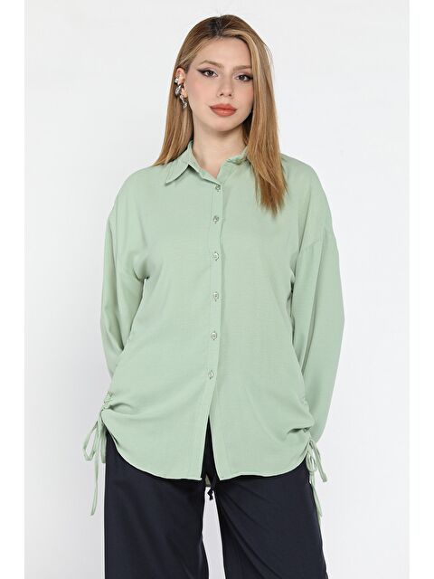 Gülseli Yan Büzgülü Bağcıklı Kadın Gömlek - S000379902-1180