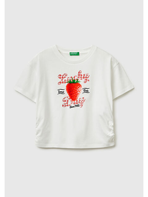 United Colors Of Benetton Kız Çocuk Beyaz Yanları Büzgülü Detaylı Önü Baskılı ve İşlemeli T-Shirt