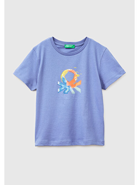 United Colors Of Benetton Erkek Çocuk Havacı Mavi Önü Logo Baskılı Yuvarlak Yaka T-Shirt