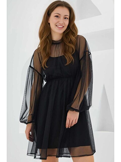 Hazelin Kadın Siyah Jüpon İç Astarlı Tül Detaylı Mini Elbise HZL24S-BD124851 - S000207232-19351