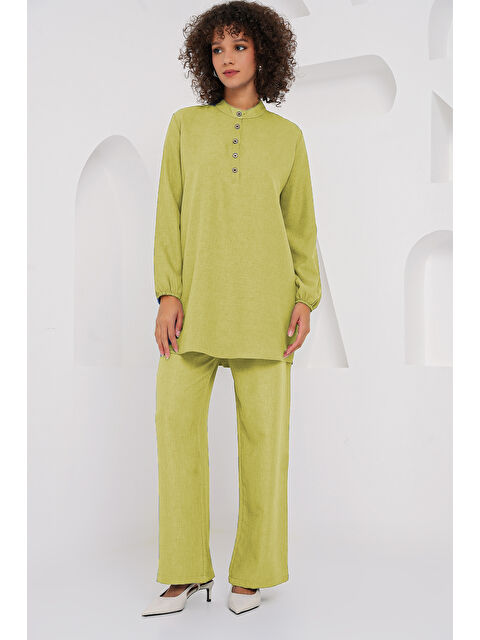 Bigdart 6678 Keten Tunik Pantolon İkili Takım - G.Yeşil