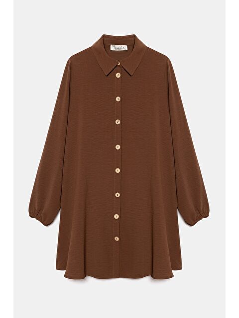 Saade Kahverengi Kadın Gömlek Yaka Ahşap Düğmeli Kolağzı Lastikli Aerobin Dokuma Tunik - Regular Fit