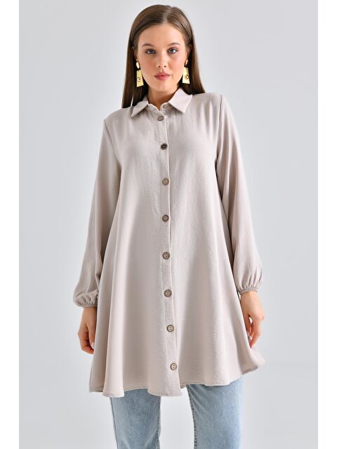 Saade Taş Kadın Gömlek Yaka Ahşap Düğmeli Kolağzı Lastikli Aerobin Dokuma Tunik - Regular Fit
