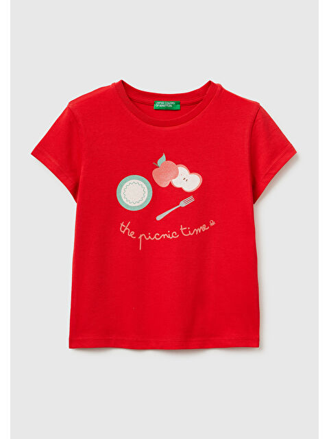 United Colors Of Benetton Kız Çocuk Kırmızı Simli Su Bazlı Baskılı Bisiklet Yaka T-Shirt