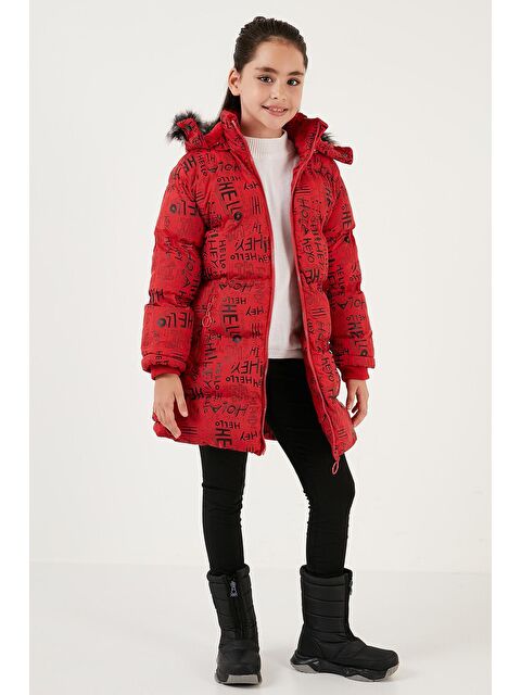Lela Yakası Suni Kürklü Yazı Baskılı Çıkarılabilir Kapüşonlu Peluş Astarlı Kışlık Mont 5761984 - S000077116-20045