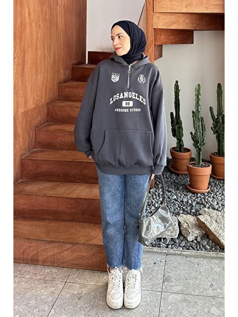 Lamelif Yarım Fermuarlı Los Angeles Sweat Füme - S000518379-33408